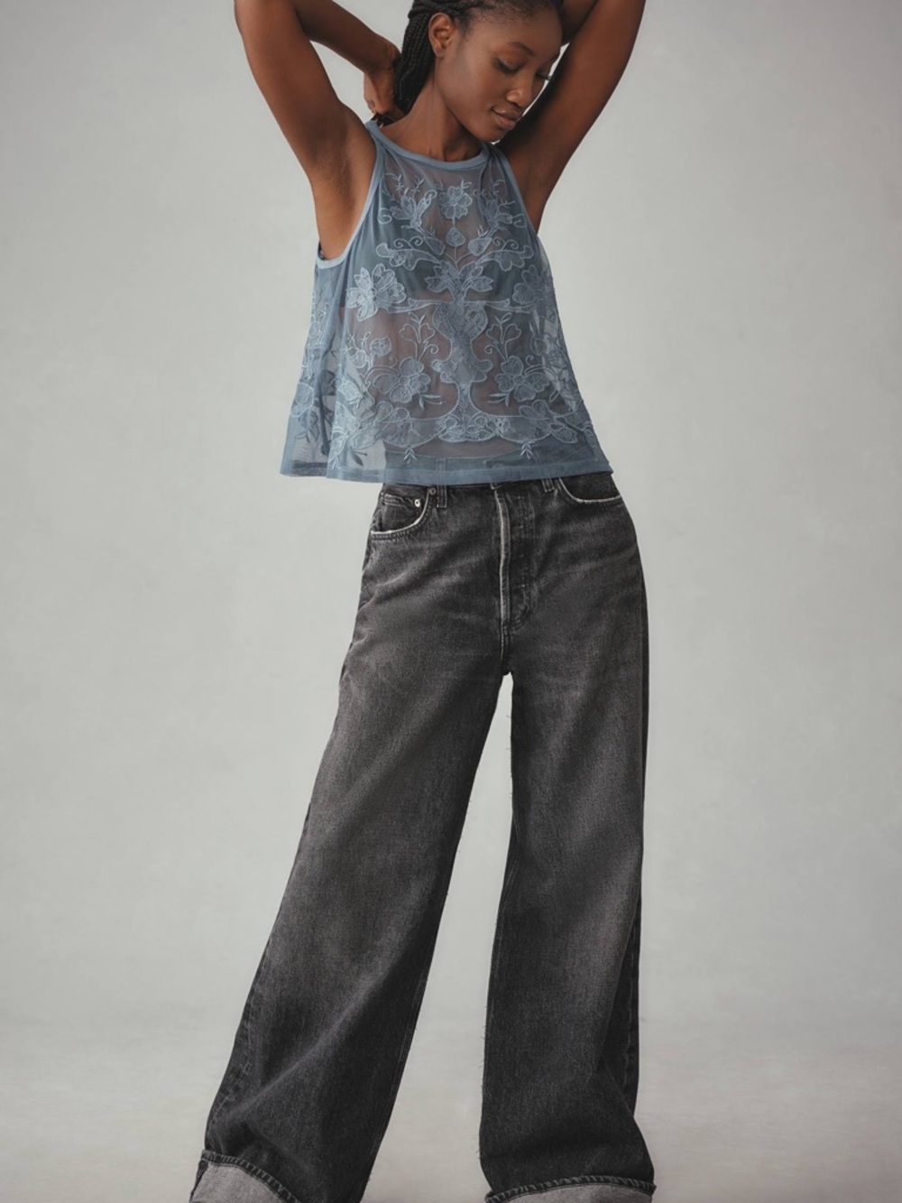 ANTHROPOLOGY - Blue Mesh Tank W/ Floral Embroidery